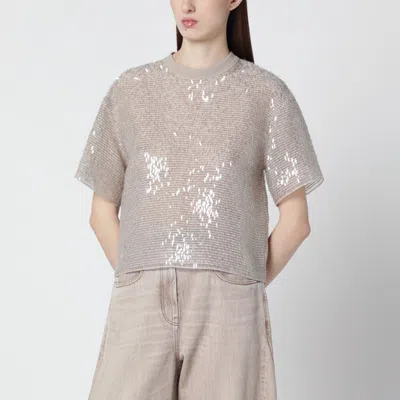 Brunello Cucinelli Dazzling Cascade Embroidery T-shirt In Crispy Silk In Sand