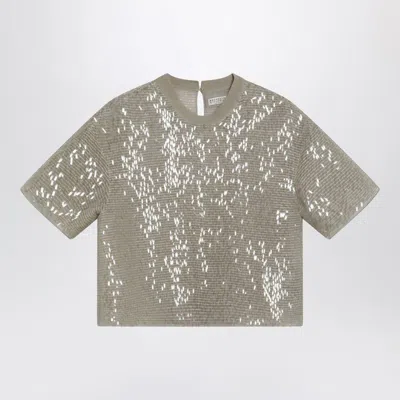 Brunello Cucinelli Dazzling Cascade Embroidery Tshirt In Crispy Silk In Silver
