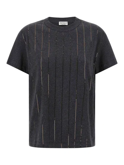 BRUNELLO CUCINELLI DAZZLING CHALK STRIPE EMBROIDERY T-SHIRT