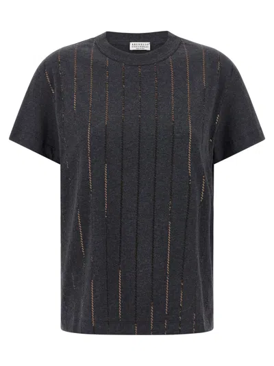 BRUNELLO CUCINELLI DAZZLING CHALK STRIPE EMBROIDERY T-SHIRT