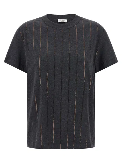 Brunello Cucinelli Dazzling Chalk Stripe Embroidery T-shirt Gray