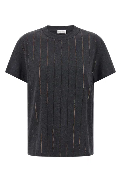 BRUNELLO CUCINELLI 'DAZZLING CHALK STRIPE EMBROIDERY' T-SHIRT