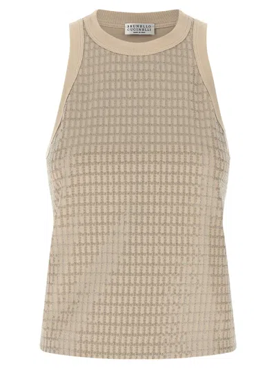 Brunello Cucinelli Dazzling Check Embroidery Tank Top In Beige