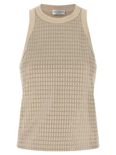 Brunello Cucinelli Sequined Round Neck Ribbed Cotton Tank In Neutral