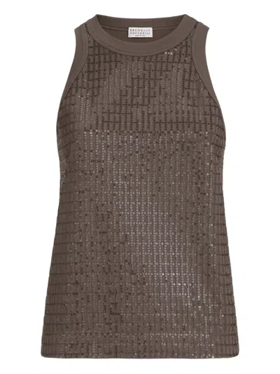Brunello Cucinelli Checked Sequin Racerback Tank Top Embroidery In Brown