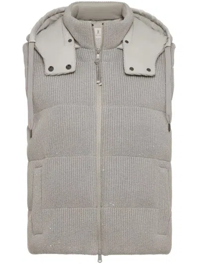 Brunello Cucinelli Dazzling Cotton English Rib Knit Down Vest In Gray