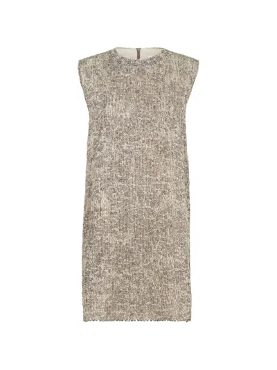Brunello Cucinelli Dazzling Craquelé Embroidery Dress In Mohair And Wool In Orange