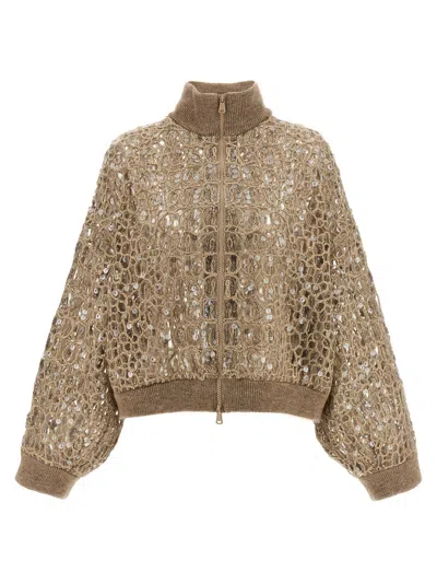 Brunello Cucinelli Dazzling Croc Embroidery Sweaters And Cardigans Beige In Brown