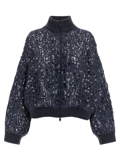 Brunello Cucinelli Dazzling Croc Embroidery Sweaters And Cardigans Blue
