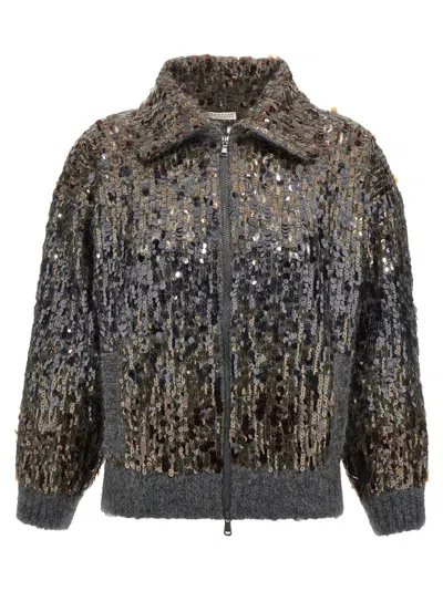Brunello Cucinelli 'dazzling Dégradé Embroidery' Cardigan In Gray