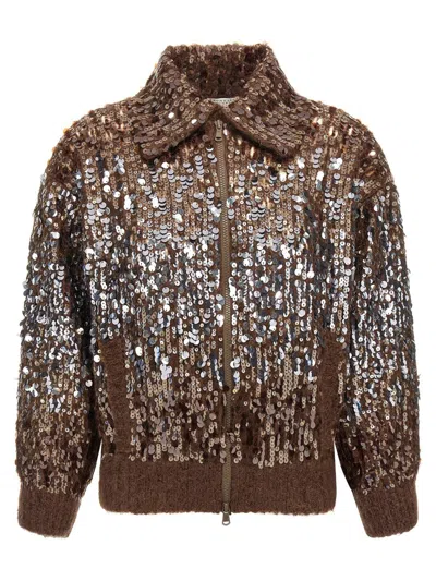 Brunello Cucinelli 'dazzling Dégradé Embroidery' Cardigan In Brown
