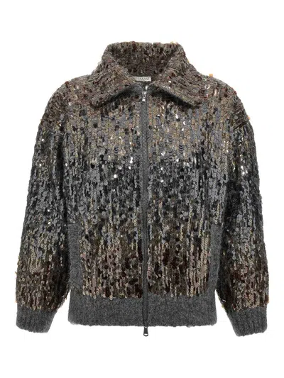 Brunello Cucinelli Dazzling Dgrad Embroidery Cardigan In Gray