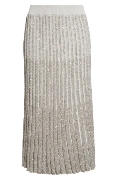 Brunello Cucinelli Dazzling Diamante Rib Midi Skirt In Czf54 Grey Beige