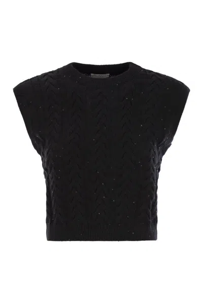 Brunello Cucinelli Dazzling Double Cable Knitted Cotton Waistcoat In Black