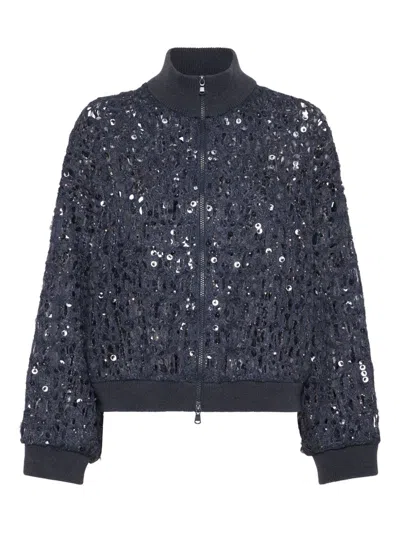 Brunello Cucinelli Dazzling Embroidered Cardigan In Blue