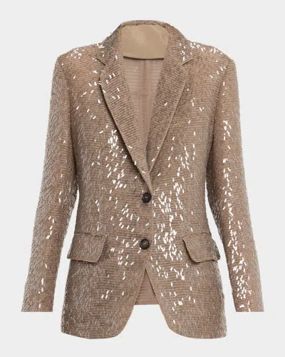 Brunello Cucinelli Dazzling Embroidered Crispy Silk Single-breasted Blazer In Brown