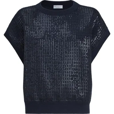 Brunello Cucinelli Dazzling Embroidery Sweater In Blue