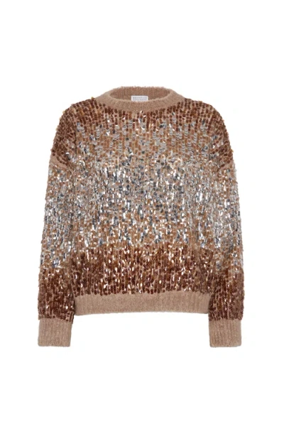 Brunello Cucinelli Dazzling Embroidery Sweater In Brown