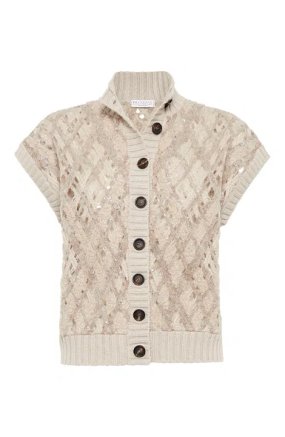 Brunello Cucinelli Dazzling Embroidery Vest In Cool Beige