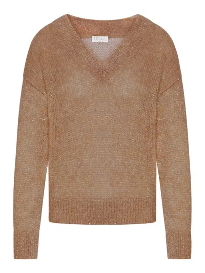Brunello Cucinelli Dazzling English Half Rib Cotton Sweater In Brown