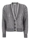 Brunello Cucinelli Dazzling Grey Cardigan With Dropped Shoulders And All-over Sequin Details In Linen Woman In Grey