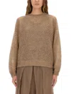 Brunello Cucinelli Net Sweater With Crew Neck And Open-knit Design In Brown