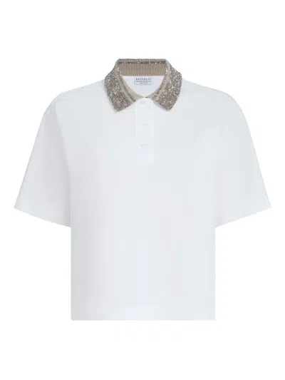 Brunello Cucinelli Dazzling Knit-collar Polo Shirt In White