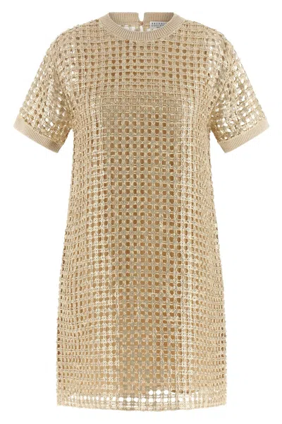 Brunello Cucinelli Knit Dress Short Sleeves Round Neckline In Gold