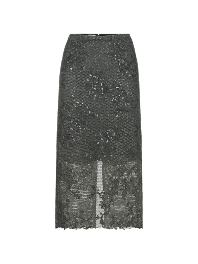 Brunello Cucinelli Dazzling Lace-embroidery Pencil Skirt In Sparkling Mohair And Wool In Gray