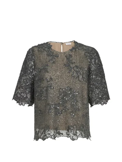 Brunello Cucinelli Dazzling Lace-embroidery T-shirt In Sparkling Mohair And Wool In Green