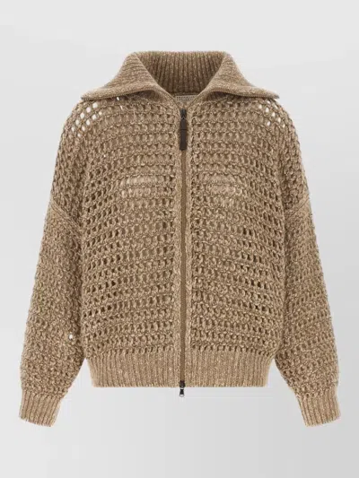 Brunello Cucinelli Dazzling Mesh Knit Sequin Detail Cardigan In Brown