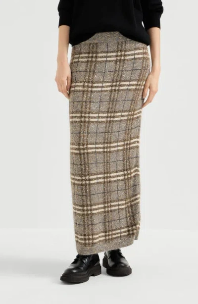Brunello Cucinelli Dazzling Mohair Prince Of Wales Knit Skirt In Brown