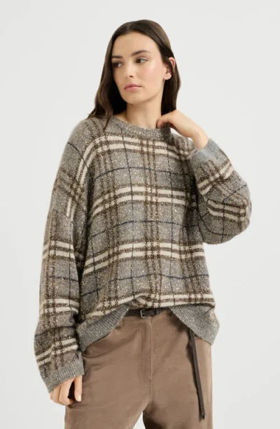 Brunello Cucinelli Dazzling Mohair Prince Of Wales Sweater In Gray