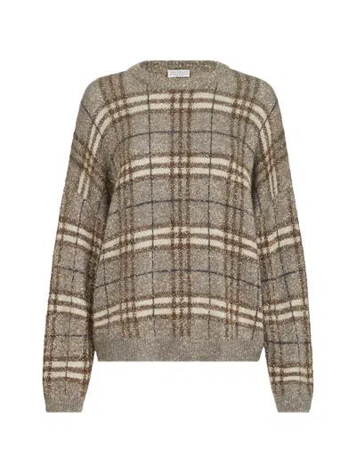 Brunello Cucinelli Dazzling Mohair Prince Of Wales Sweater In Grey