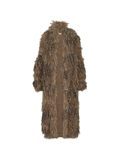 Brunello Cucinelli Dazzling Moss Embroidery Long Cardigan In Mohair And Wool In Brown