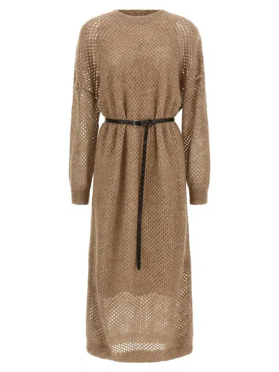 Brunello Cucinelli Dazzling Net Dresses Beige In Brown