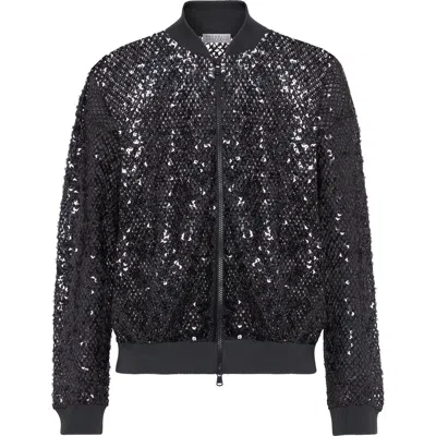 Brunello Cucinelli Dazzling Net Embroidery Cardigan In Navy Blue