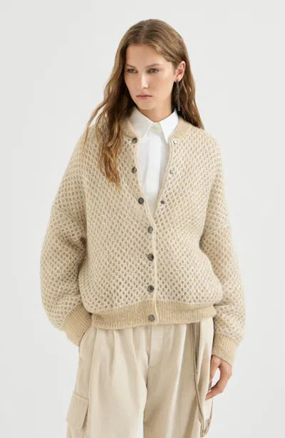 Brunello Cucinelli Dazzling Net Knit Bomber Jacket In Mohair In Cream
