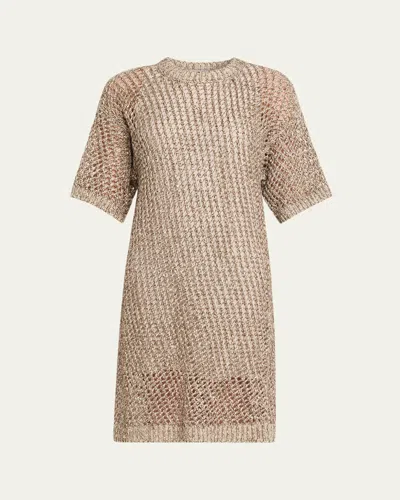 Brunello Cucinelli Dazzling Net Short-sleeve Dress In Brown