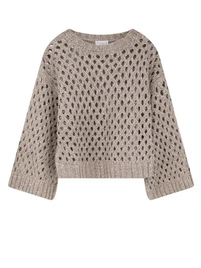 Brunello Cucinelli Dazzling Net Silk And Linen Blend Sweater In Neutral