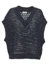 Brunello Cucinelli V-neck Net Knitted Vest In Blue