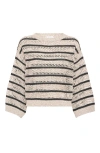 Brunello Cucinelli Micro Sequined Linen French Riveria Stripe Sweater In Light Grey
