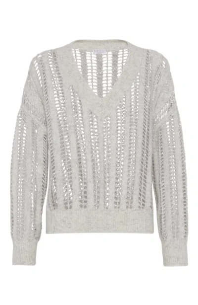 Brunello Cucinelli Embellished V Neck Pull Mohair Wool In Pearl Grey
