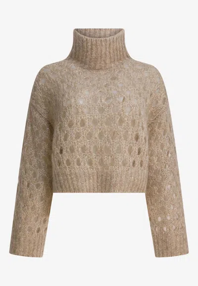 Brunello Cucinelli Dazzling Net Turtleneck Cropped Sweater In Brown
