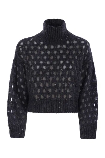 Brunello Cucinelli Dazzling Net Turtleneck Sweater Made Of Mohair And Wool Wispy In Black