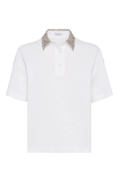 Brunello Cucinelli Embellished-collar Cotton Polo Shirt In Pearl Grey