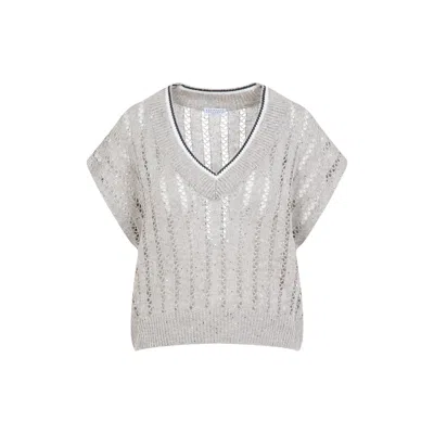 Brunello Cucinelli Dazzling Ribbed Net Knitted T-shirt In Linen In Beige
