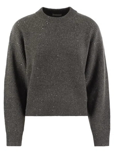 Brunello Cucinelli Dazzling Ribbed Sweater In Cashmere And Wool In Anthracite