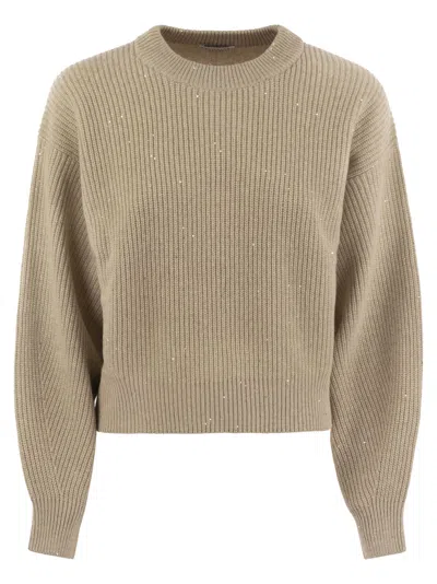 Brunello Cucinelli Dazzling Ribbed Sweater In Cashmere And Wool In Beige