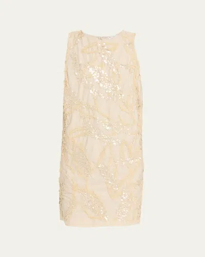 Brunello Cucinelli Dazzling Seabed Embroidered Techno Cotton Mini Dress In Neutral